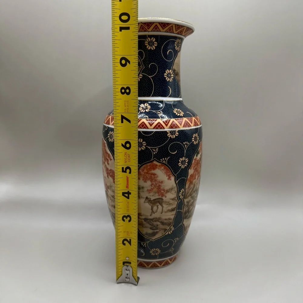 Japanese Style Fall Deer Blue Porcelain Decorative Ceramic Vase 10” Tall